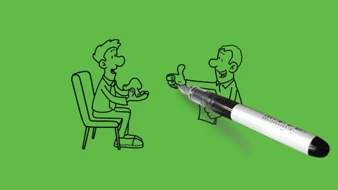 Draw two man sit on chair discuss some business points and take hot tea place Video stock 244796948