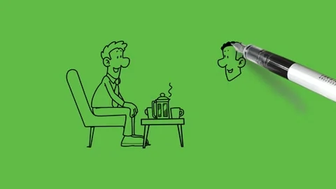 Draw two man sit on chair discuss some and take hot tea place on central table Vidéo 244798052