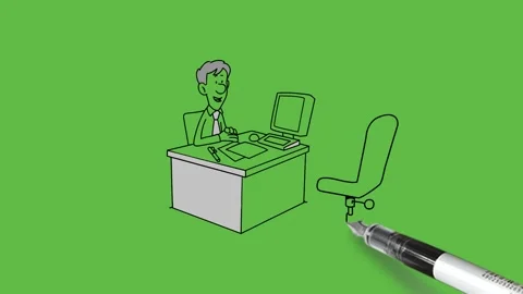 Draw two men sit on chair with computer and stationery place on centre table Видео 251535505