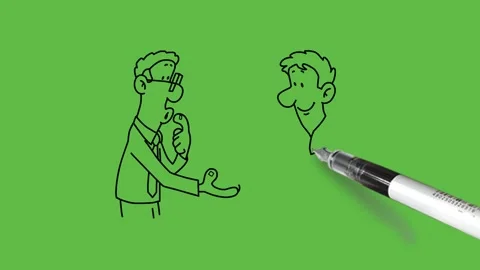 Draw two men stand give round shape pouch wear spectacles hold left index finger Vidéo 252481794