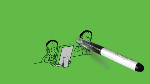 Draw two men work on computer, one hold hands on cheeks and think deeply Stock-Footage 296098581