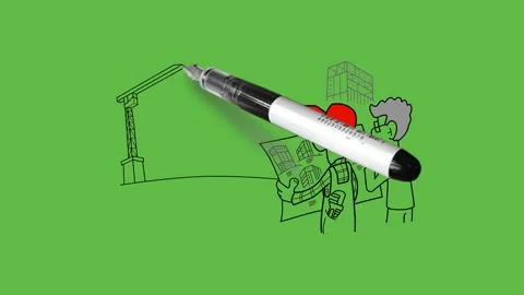 Draw two workers standing near under construction building with crane Видео 244796062