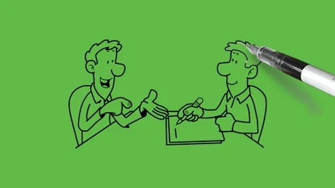 Draw two young man sit on chair discuss some, write on notebook with pen Vidéo 236227918