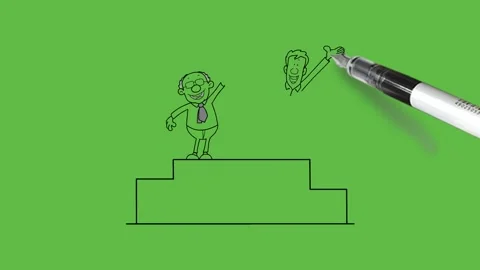 Draw two young man stand on winner stage with trophy with black outline Vidéo 244797409