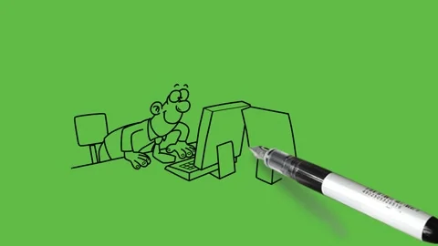 Draw two young men sit on chair work on their computers place on table Video stock 252481723