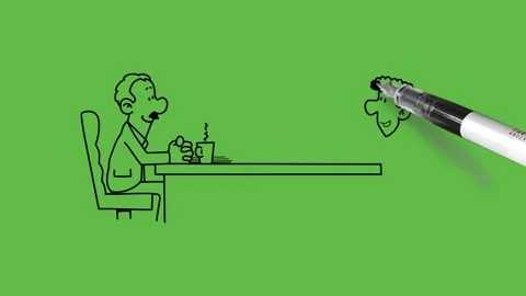 Draw two young men sit on chair taking tea kept on dining table and communicate 库存影片 292489147