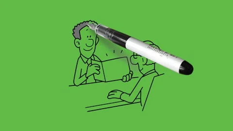 Draw two young men sit on chair in front of each other hold notebook in his hand Stock-Footage 296585881