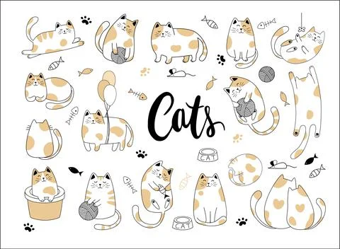 Draw vector illustration character collection cute cat. Doodle cartoon style. Stock Illustration