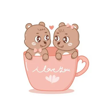 Draw vector illustration character couple love of cat in cup of tea. Illustrazione stock