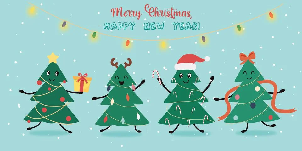 Draw vector illustration character design banner funny christmas trees with s Illustrazione stock