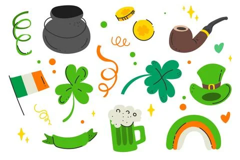 Draw vector illustration doodle elements for St Patrick's Day Cartoon style Stock Illustration