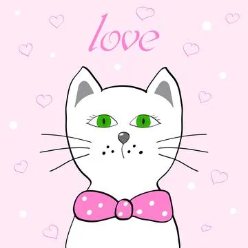 Draw vector illustration white cat with pink background and word love for val Illustrazione stock