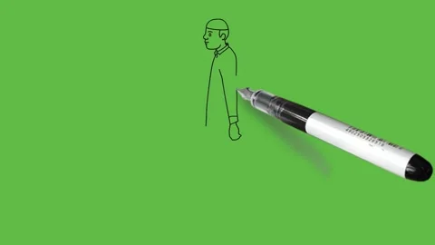 Draw walking young boy with cap wear white shirt, blue trouser and brown shoes Stock Footage 203967782