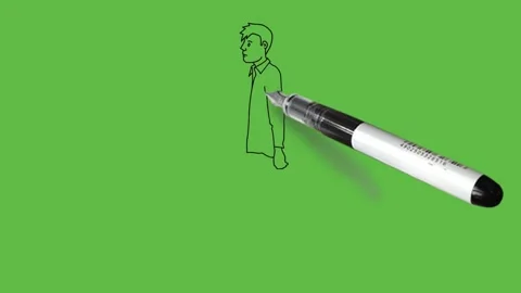 Draw walking young boy wearing white shirt, grey trouser and shoes on green back Video stock 203966328