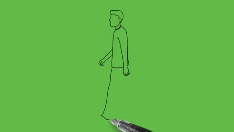 Draw walking young boy wearing blue t-shirt, red trouser and grey shoes 動画素材 203966833