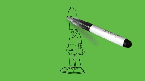 Draw young bald boy with round eyes point right hand index finger on neck 動画素材 226591148