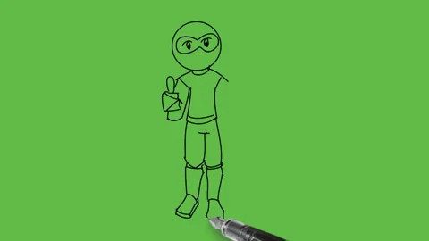 Draw young bald man with round eyes standing show right hand thumb liking sign Video stock 233272604