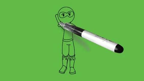Draw young bald man with round eyes standing hold stick upward in left hand Vídeo Stock 233272610