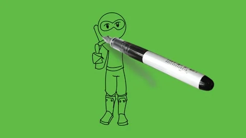 Draw young bald man with round eyes stand hold money dollar upward in left hand Video stock 233272643