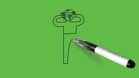 Draw young boy catch head with open hands wearing red shirt, grey trouser Video stock 226593930