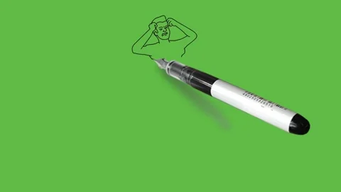 Draw young boy hold hands on his for head wearing black t-shirt, grey trouser 動画素材 203965697