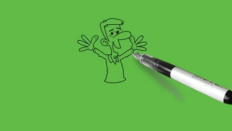 Draw young boy jumping with joy, round eyes, long nose, brown hair wear shirt 動画素材 222551173