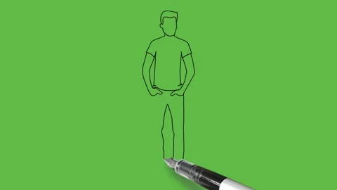 Draw young boy keep his hands in front pocket of trouser wearing black t-shirt Video stock 203965781