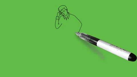 Draw young boy keep his left hand on hip and right hand on forehead and thinking Stock Footage 203966338