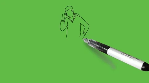 Draw young boy keep his right hand on forehead and left hand on hip and thinking Vidéo 203966455