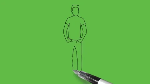 Draw young boy keep his hands in front pocket of red trouser wear blue t-shirt, Video stock 203966804