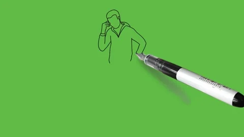 Draw young boy keep right hand on forehead and left hand on hip and thinking Видео 203967095