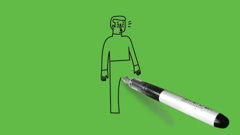 Draw young boy sad face hold open hands down wearing red shirt, grey trouser 動画素材 226594099