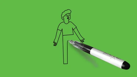 Draw young boy standing straight hold his both open hands down wearing red shirt Stock Footage 226592566