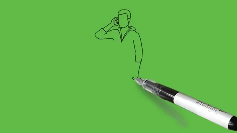 Draw young boy talk on mobile wear blue t-shirt, brown trouser and white shoes Video stock 203967041