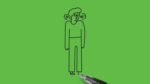Draw young boy worried face hold fists down wearing red shirt, grey trouser 動画素材 226592604