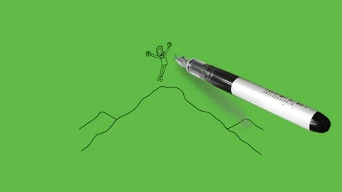 Draw young couple jump with joy on top of hill with black outline on green back 库存影片 247399772