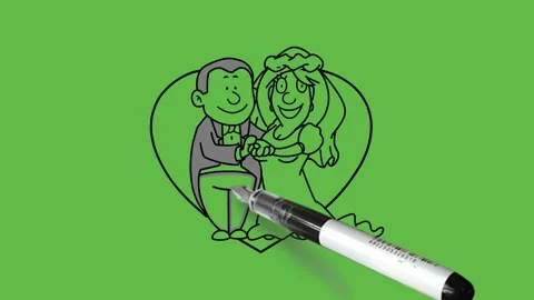 Draw young couple seen on red heart take hand in hand with black outline Stock-Footage 304692391