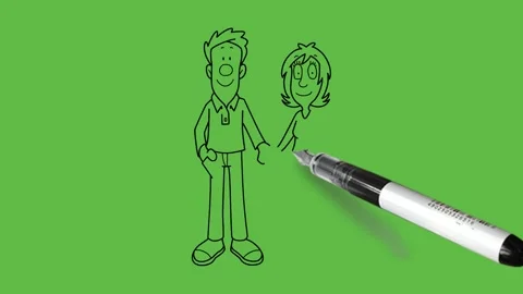Draw young couple standing hand in hand together keep his left hand in pocket Vidéo 253799994