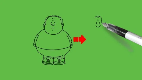 Draw young fat man change to thin man by red arrow with black outline Video stock 247399747