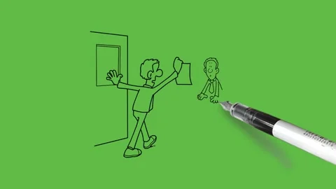 Draw young man coming in hold left hand on door and paper in right hand show Vidéo 282301989