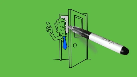 Draw young man coming out from door hold right index finger upward wear blue tie Vidéo 295399490