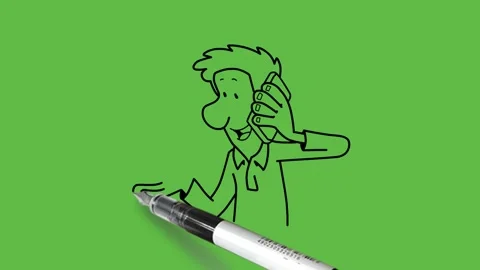 Draw young man communicate on mobile keep right palm forward Vidéo 295399600