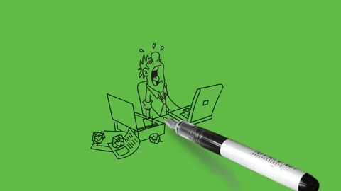 Draw young man do work on computer in mid night with collection of files 库存影片 247399564