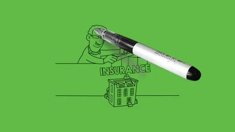 Draw young man hold board of INSURANCE hanging above big building Video stock 253799636