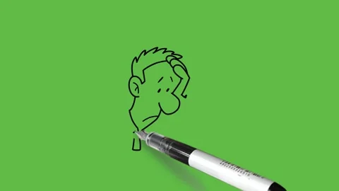 Draw young man hold his left hand on head and think with star with black outline Vídeo Stock 247399118