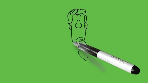 Draw young man hold right hand on head and left index finger on mouth 動画素材 247399317