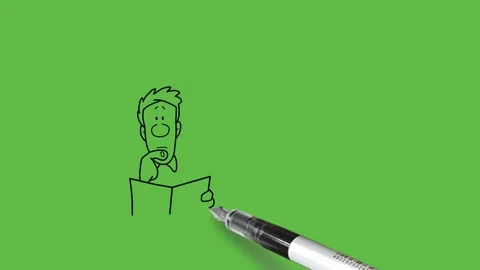 Draw young man hold right hand on lips and read book hold in hand think deeply Stock Footage 295927453