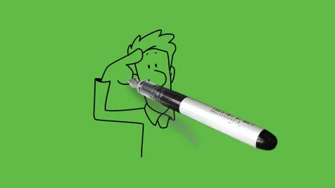 Draw young man keep right index finger on forehead and show left palm forward Video stock 295399587