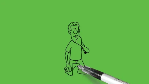 Draw young man kneeled down and hold left index finger on mouth and think deeply 動画素材 249915204