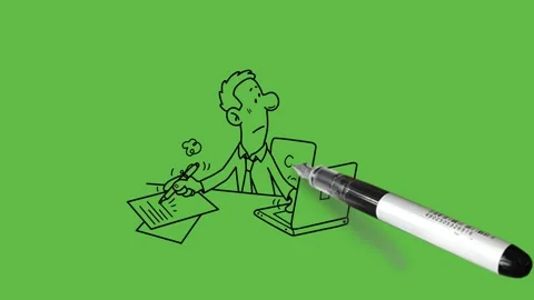 Draw young man of round nose sit on chair write on notebook see towards computer Vidéo 236228546